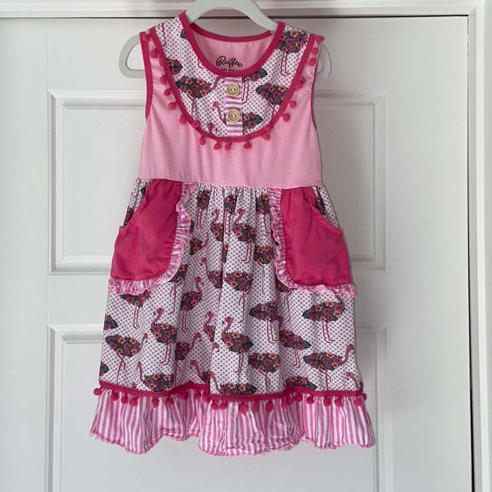 Ruffles By Tutu Lulu Girls Pink Flaming Dress Pom Poms 6 Child